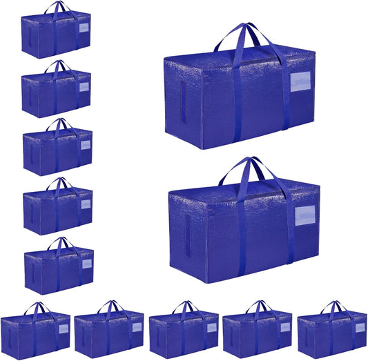 Skiennix Extra Large Heavy Duty Moving Bags - Waterproof Storage Totes with Handles & Zippers | 12 Pack (Blue)