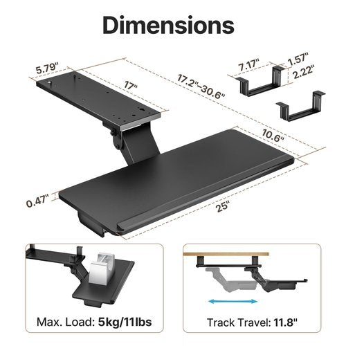 PEGZONE Keyboard Tray Under Desk with Storage Drawer, Height Adjustable Keyboard Tray Slide Out Swivel Tilt, Ergonomic Under Desk Mount Keyboard & Mouse Holder for Gaming Home Office, 25x11'', Black