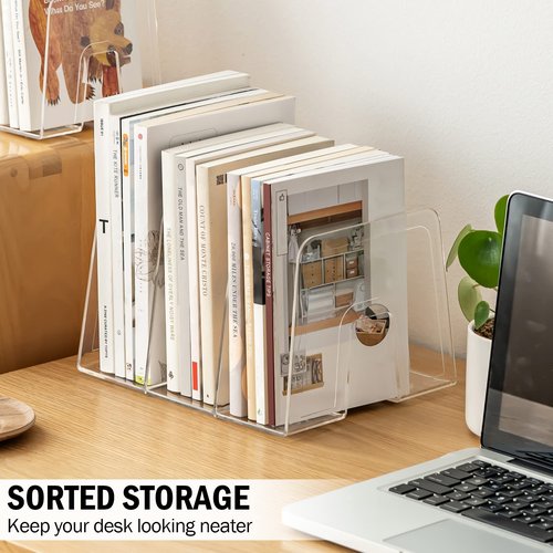 Lunmore Clear Desktop Book Organizer, Creative Book Stand, Divider Bookshelf for Home School and Office, Non-Acrylic Stand Bookshelves (3 Sections), Transparent, Pack of 2