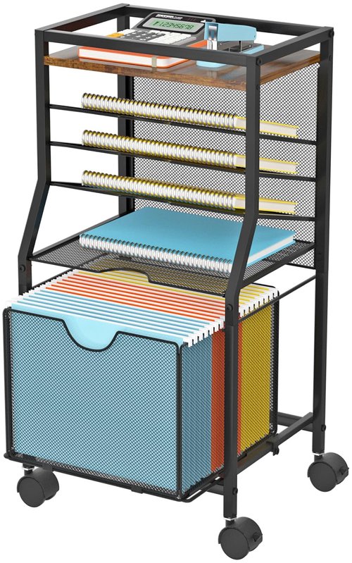 BOHDK Rolling File Cart, 6-Tier Desk File Organizer on Lockable Wheels, Brown Wood Planks & Mesh Sliding Hanging Folder Drawer, Organization Cart for Office Home School