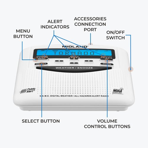 Midland - WR120B - NOAA Emergency Weather Alert Radio - Localized Programming, Trilingual Display, 60+ Emergency Alerts, Alarm, Selectable Alert Tone