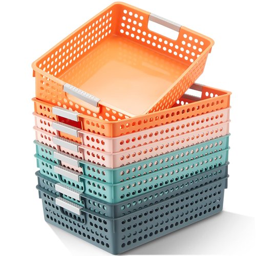 Leinuosen 8 Pack Classroom Paper Trays 14''x10'' Hold A4 Paper Toy Handicrafts Colorful Turn in Trays Classroom Storage Baskets Also for Library, Office, Kitchen, Bathroom, Bedroom (Bright Color)