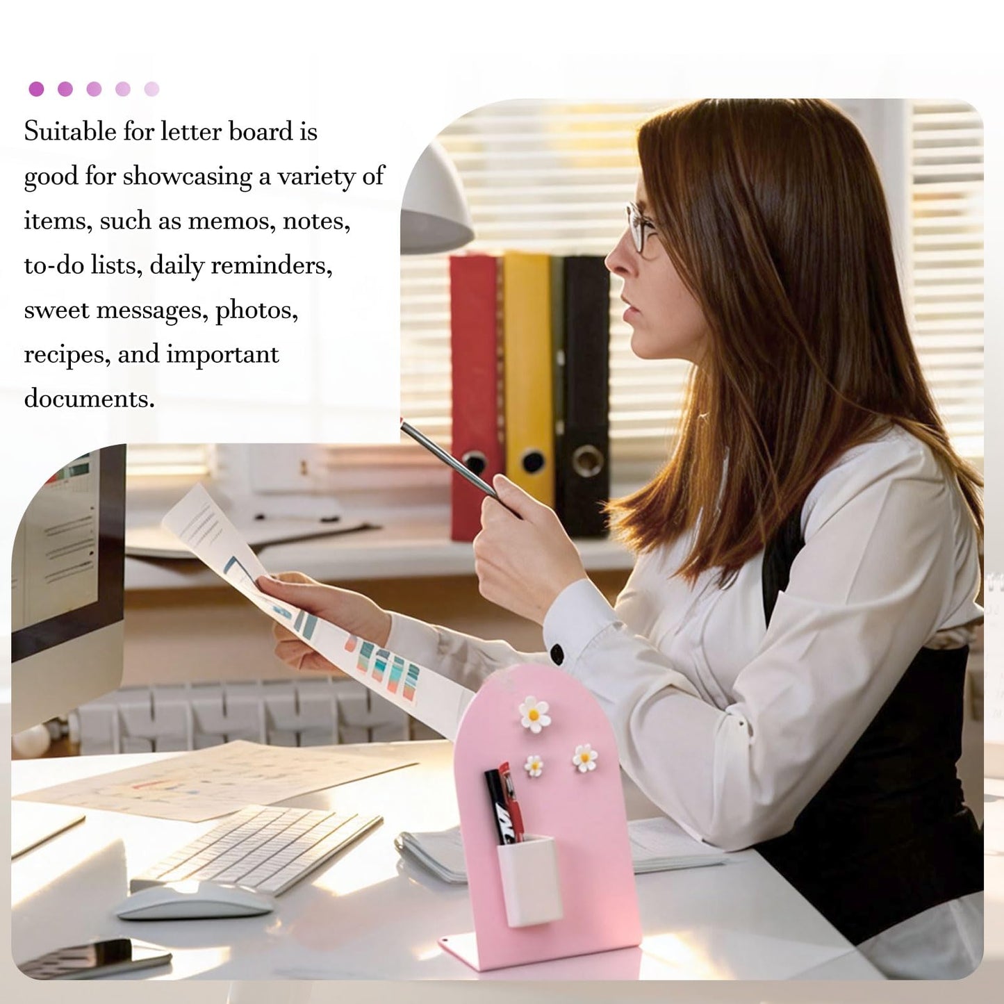 PATIKIL Magnetic Bulletin Board, Memo Magnet Display Stand Board with 3 Flower Magnets for Home Office Kitchen Restaurant Cafe Supplies, Purple/White