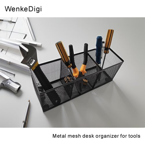 WenkeDigi New Pen Pencil Holder Metal Mesh Desk Organizer,3 Compartments Office Caddy Storage, Black Mesh Pencil Holder for School,Kitchen Utensil Storage, L10.43 x W3.35 x H4.04 inch (2 Pack)
