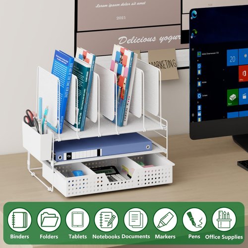 LEKETREE Desk Organizer - Vertical File Holder with Drawer & Pen Holder | White Office Accessories