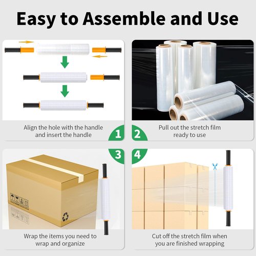 Stretch Film, HERKKA Stretch Wrap with Handles Industrial Strength, Moving Wrapping Plastic Roll, Shrink Wrap for Pallet Wrap, 15" x 1000 Feet, 4 Pack, 60 Gauge
