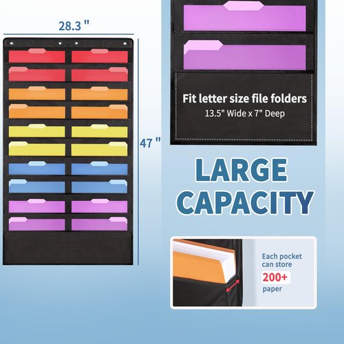 Annecy 20 Pockets Hanging Wall File Organizer, Black Storage Pocket Chart for File Folder and Paper, Space Saver for Office and Classroom, with Wall Hangers, Over The Door Hooks, Labels