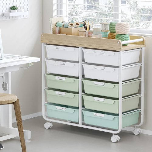 Rolling Storage Cart with 10 Large Drawers, Utility Cart with Wooden TableTop for Craft Organizers, Art Supply Storage, Home Office Organization, Cart with Wheels for Classroom, School, Green
