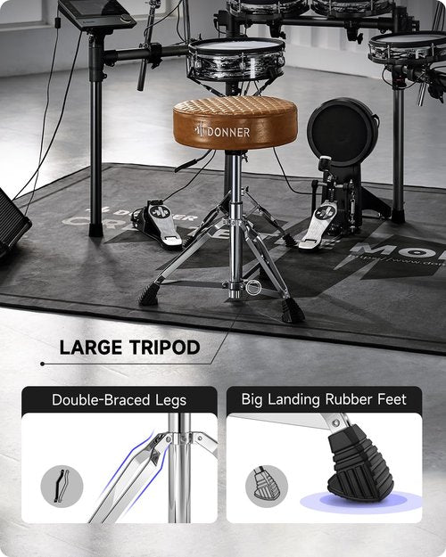 Donner Drum Throne Seat DT-150, Professional Drum Stool - Adjustable Hydraulic Height, Thick Padded Anti-Slip Cushion, Double-Braced Stability, Brown
