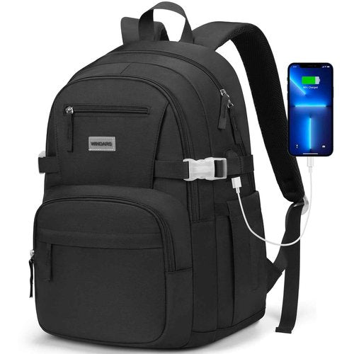 WINDARS Backpack for School Girls, Cute High School Backpacks for Teens Women Student Large Bookbag 15.6 Inch Laptop Bag with USB Charger Port for College Work Travel Trip (Black)