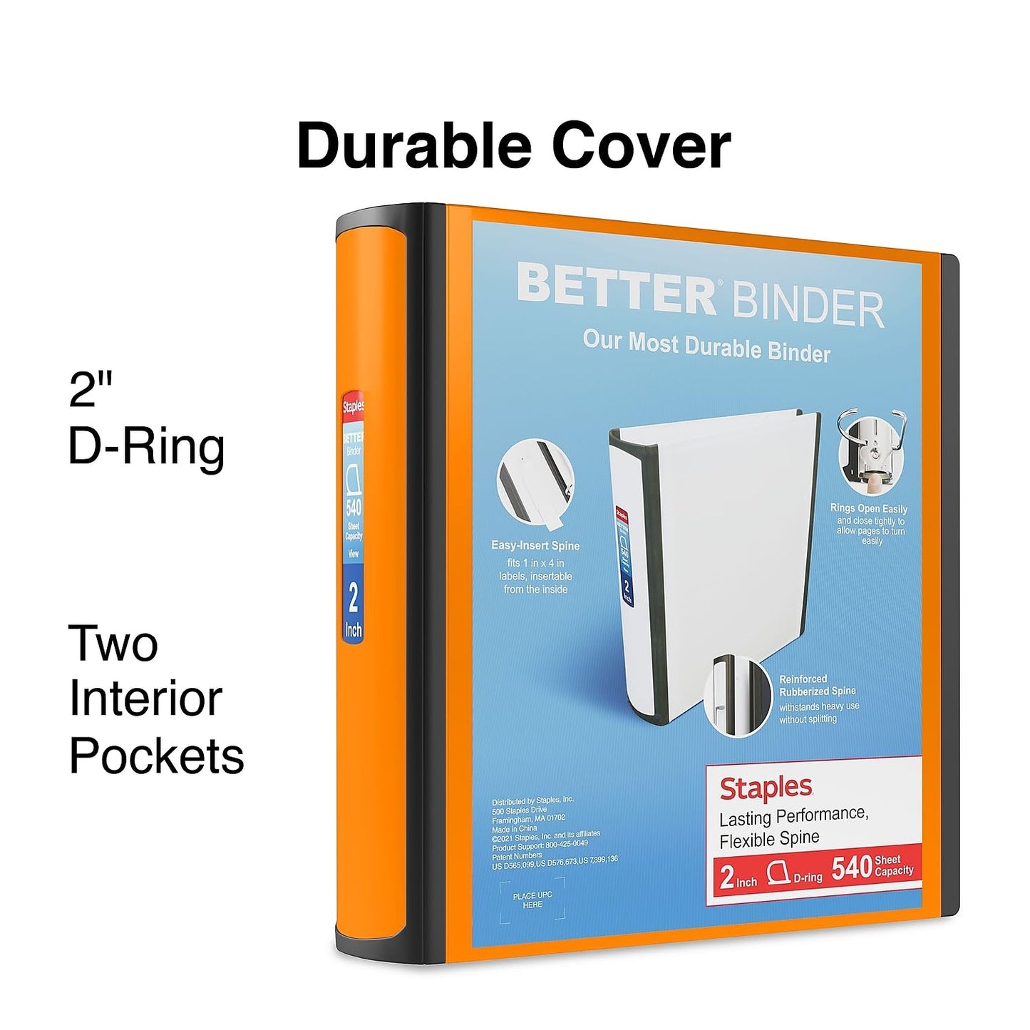 Staples Better Binder, 2" D‑Ring 3‑Ring Binder, Bright Orange, Reinforced Rubber Spine, Durable High‑Capacity Binder for School & Office