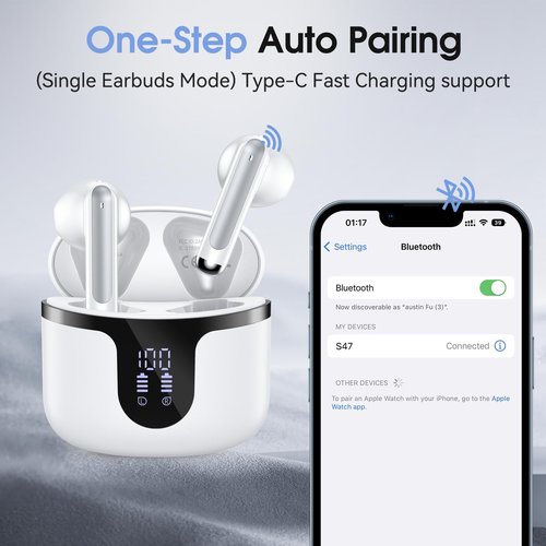 BHNYBWUL Wireless Earbuds Bluetooth Headphones 5.3 Stereo 50 Hour Playback Ear Buds with LED Display and with 4 ENC Noise Cancelling Mic Wireless Earphones, for Phone, Tablet, Laptop, Sports, White