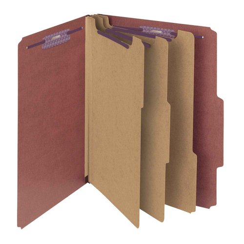 Smead Pressboard Classification File Folder with SafeSHIELD Fasteners, 3 Dividers, 3" Expansion, Letter Size, Red, 10 per Box (14092)