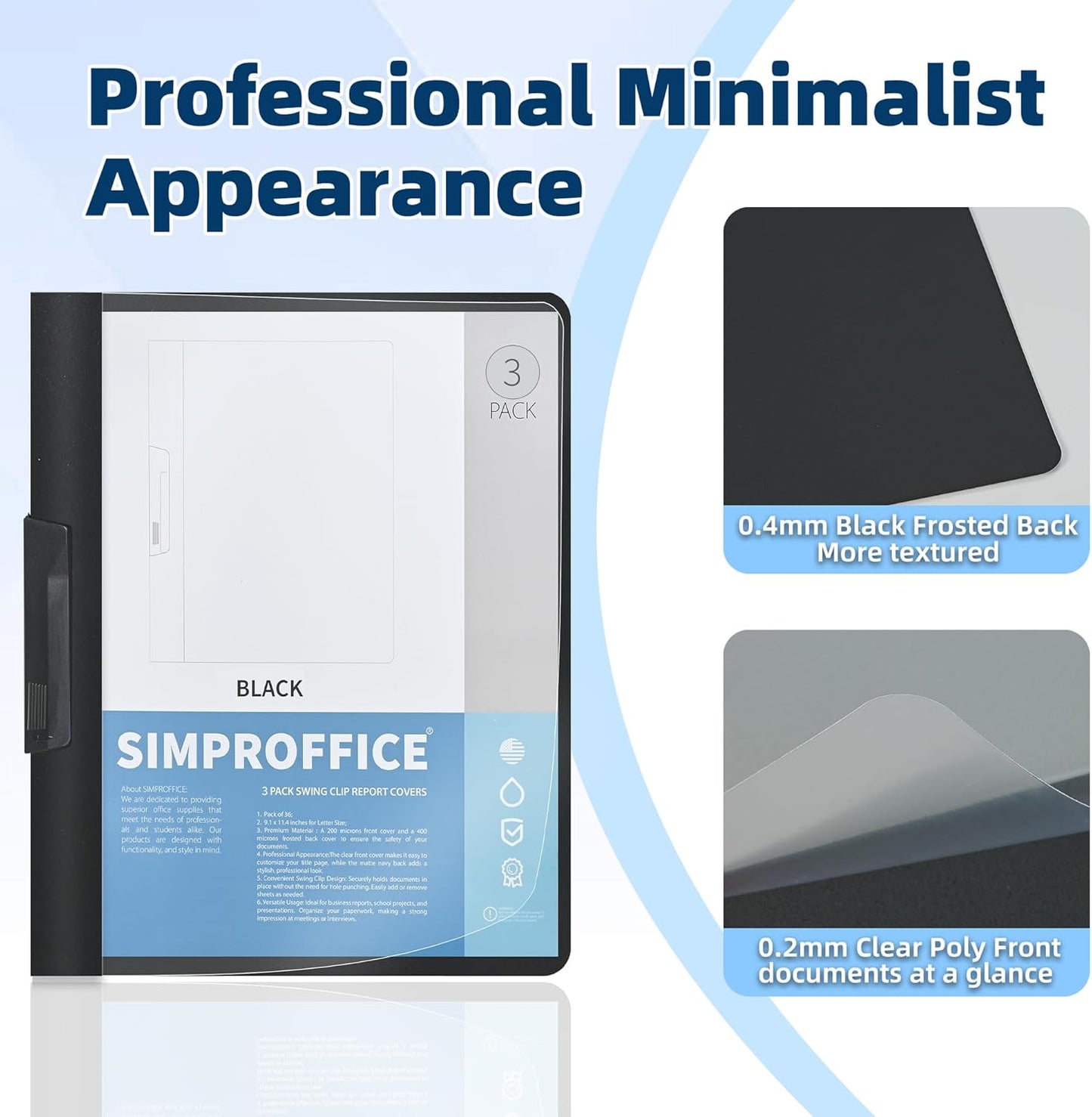 Swing Clip Report Covers - Professional Presentation Folders | Black, Clear Cover, 9 x 11.4 Inches, 3 Pack