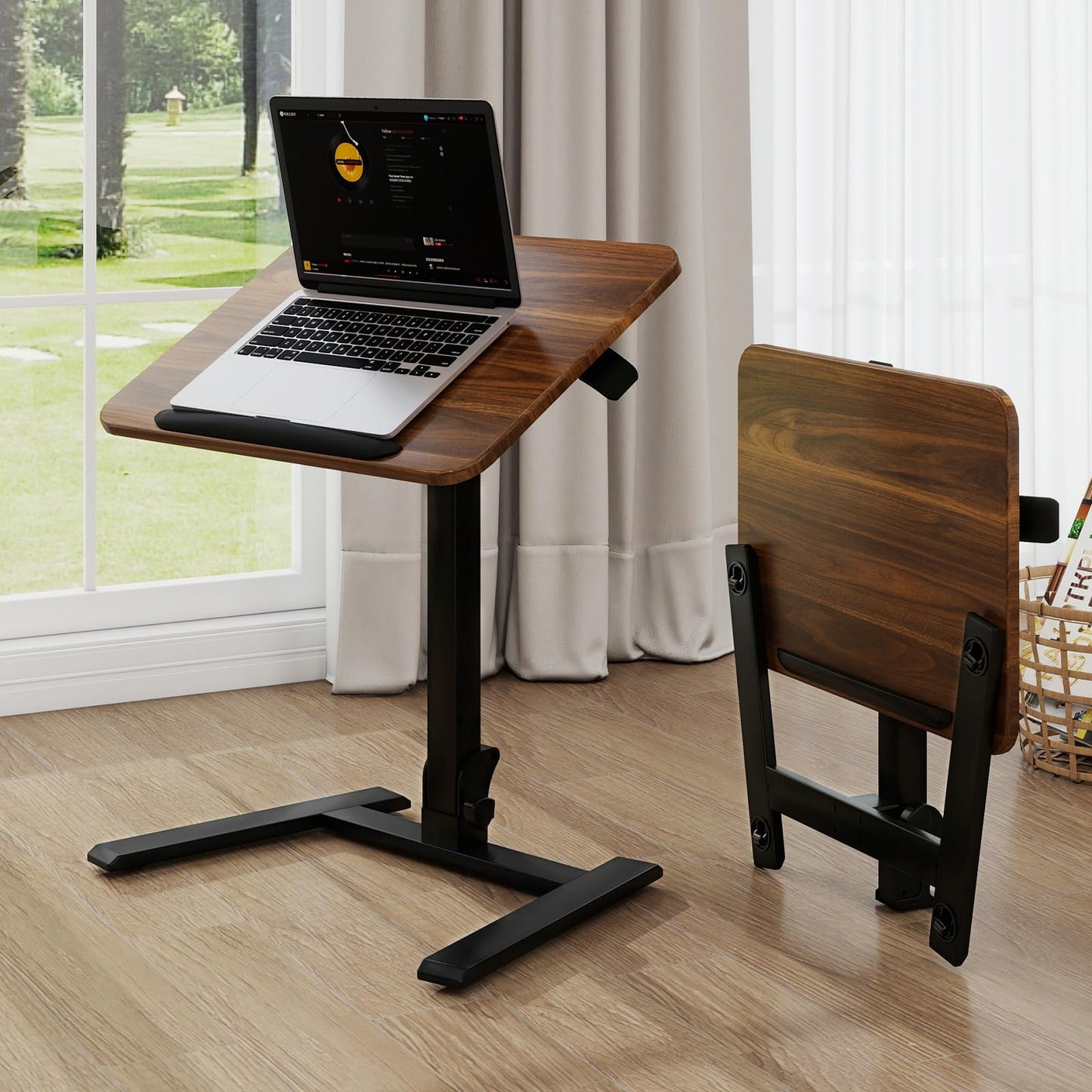 PUNCIA 25 Inch Mobile Folding Desk, Pneumatic Sit-Stand, No Assembly Required Computer Cart, Adjustable Height Laptop Table, 0-90° Tilt Top for Home Office, Small Space, Bedroom and Dorm, Retro