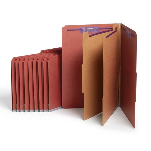 Smead Pressboard Legal Size File Folders with SafeSHIELD Fasteners, 2 Dividers, 2" Expansion, Office Folders, Paper Holder, Red, 10 per Box (19075)