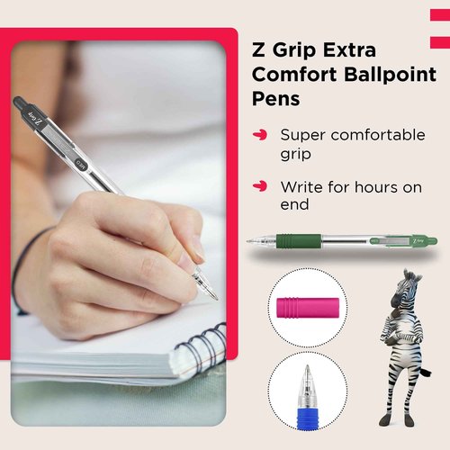 ZEBRA Z GRIP Assorted Ballpoint Pens, Retractable with Smooth Ink, Comfortable Grip and Pocket Clip Reliable Biro Medium Point 50 Pack 5 Assorted Colours