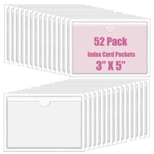52 Pack Adhesive Pockets 3x5 Inch Labels for Storage Bins Clear Plastic Index Card Holder, Label Holder with Top Open for Loading Tote Labels for Organizing Bins Box Drawer