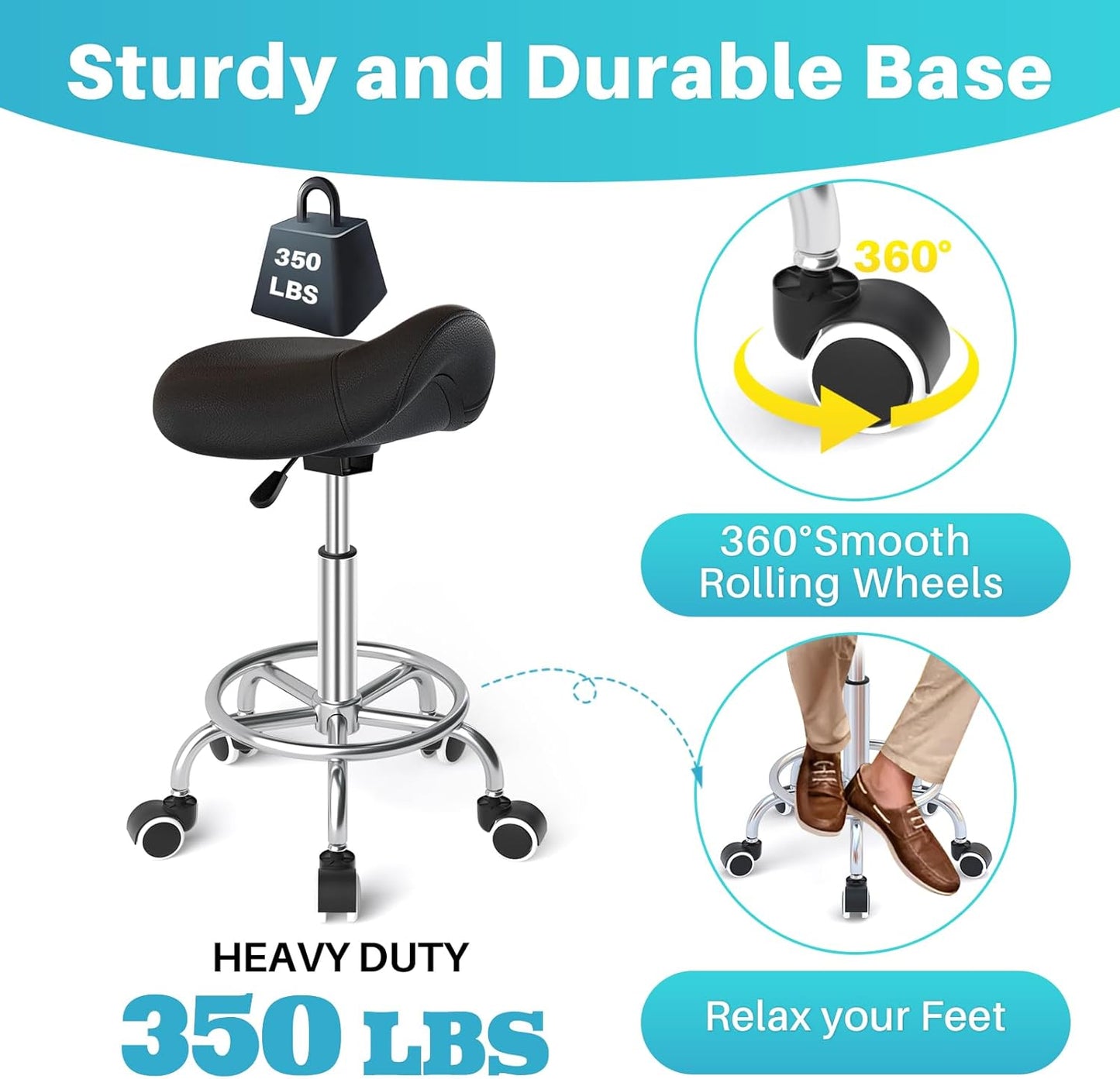 YEEZEE Saddle Stool - Ergonomic Rolling Chair with Wide Thick Padding | Adjustable Height & Wheels (Dark Black)