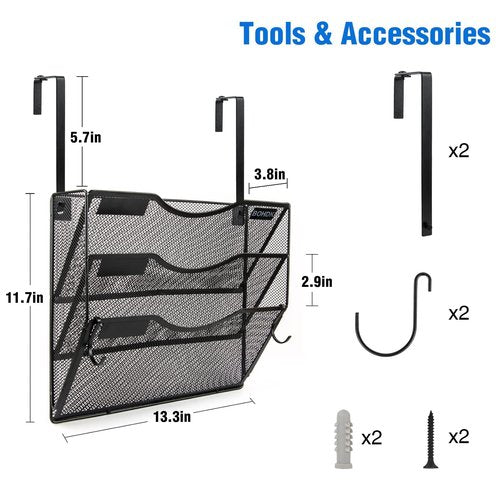 Wall File Organizer, 3 Tire Hanging File Folder Mail Organizer, Vertical Mesh Metal Door/Wall Mount Hanging File Holder, Paper Document Magazine Rack with Hooks for Home Office Black