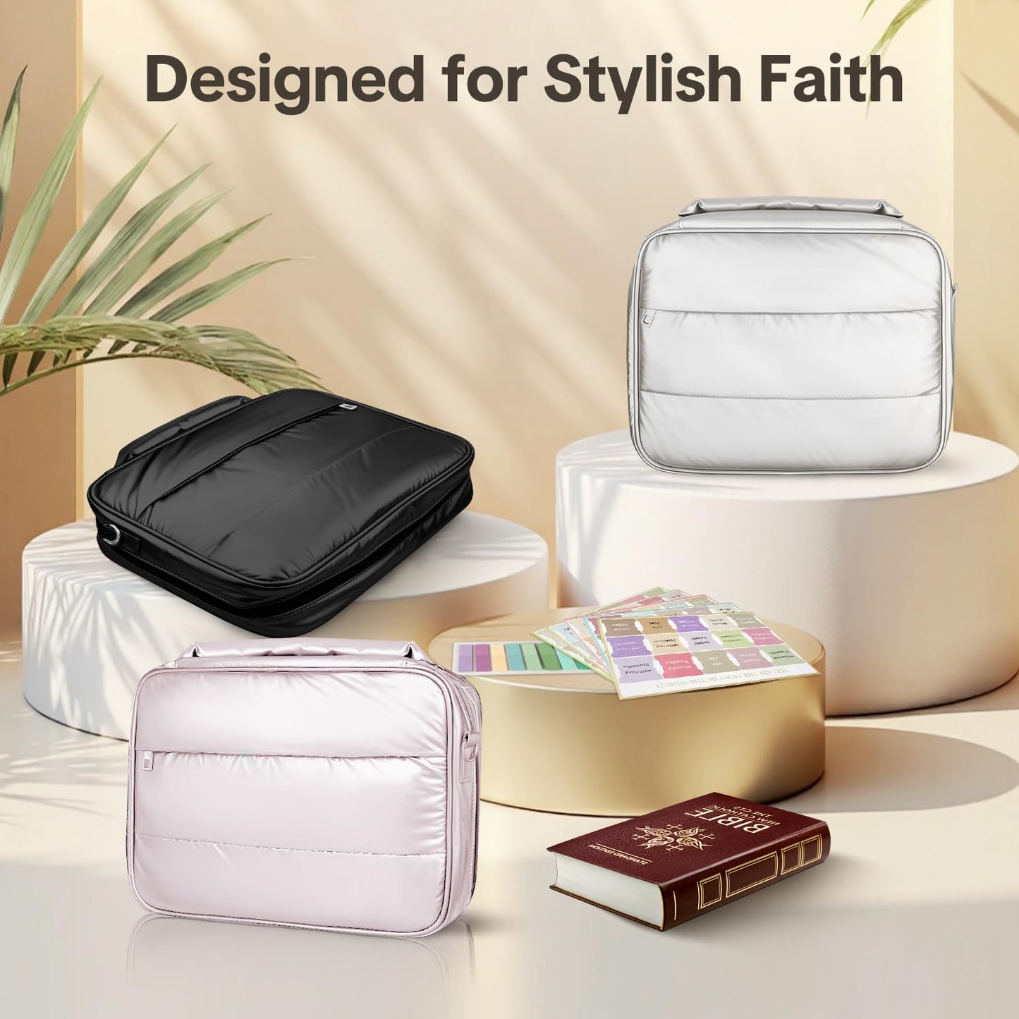 Waterproof Bible Bag with Study Supplies, Premium Bible Cover for Church, Stylish Bible Accessories, Bible Cover Case w/Bible Book Tabs, Puffer Tote Bag w/Bible Journaling Kit, Christian Gift- Black