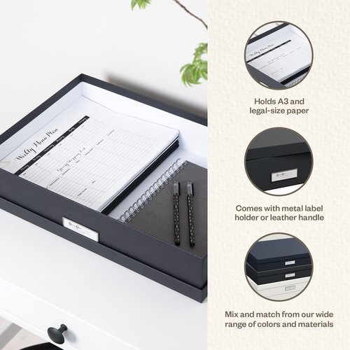 Bigso Sverker Fiberboard Legal and Art Storage Box - Scrapbook Storage Box for Loose Papers and More - Durable Document Boxes with Lid and Metal Label Holder - 17.1 in x 12.2 in x 3.3 in - Dark Grey