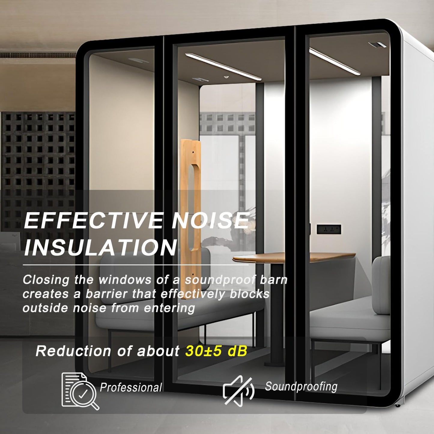 X-Comfot Outdoor Office Pod Booth with Audio Privacy - Freestanding Soundproof Booth with Black and White Frame and Wood Color Door Handle,Sound Booth with Ventilation System for Meeting (86.6IN)