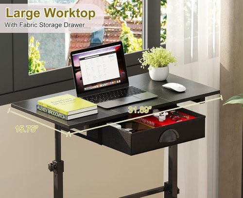 Skiennix Adjustable Height Standing Desk - Rolling Sit-Stand Desk with Drawer & Wheels, Black