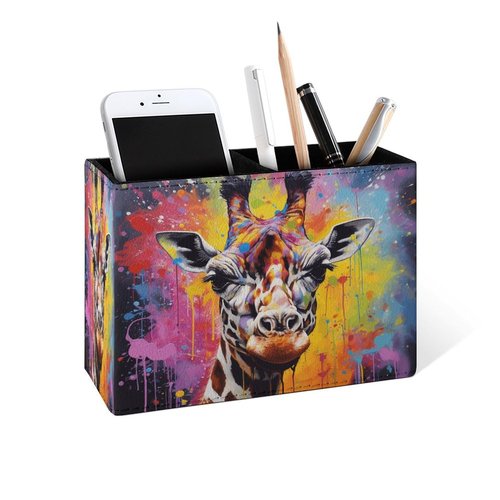 Famame Graffiti Vintage Giraffe Pencil Holder for Desk, Leather Desktop Container Pen Cup Storage Study Table Pen Organizer Makeup Brush Holder for Classroom Office Home