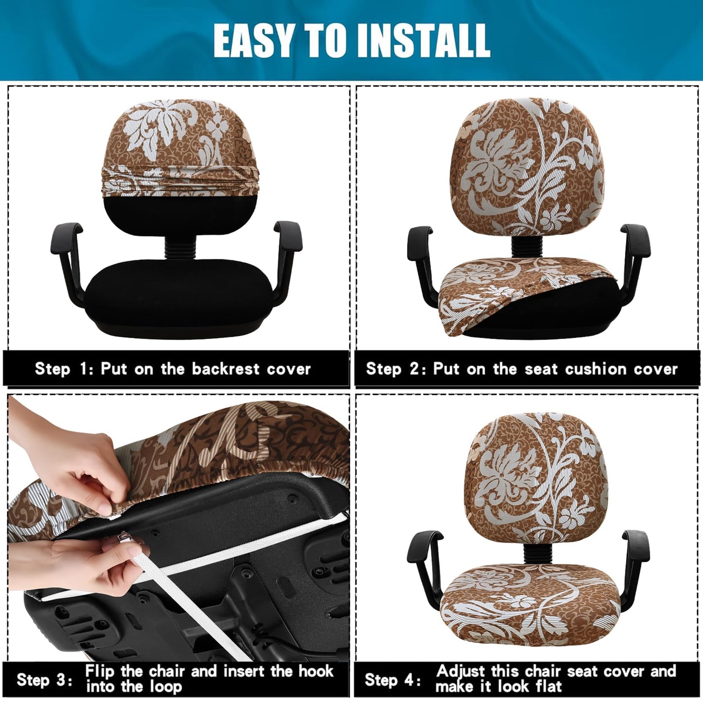 Smiry Stretch Printed Office Computer Chair Covers, Universal Washable Removable Desk Rotating Chair Slipcovers Protector, Seat + Backrest Cover - Brown and Blue