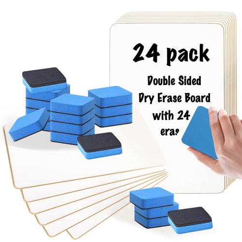 24 Pack Dry Erase Board, 9"x12" Double-Sided White Board with 24 Erasers for Students, Portable & Reusable Small White Lapboards Bulk for Classroom/Homeschool/Teacher