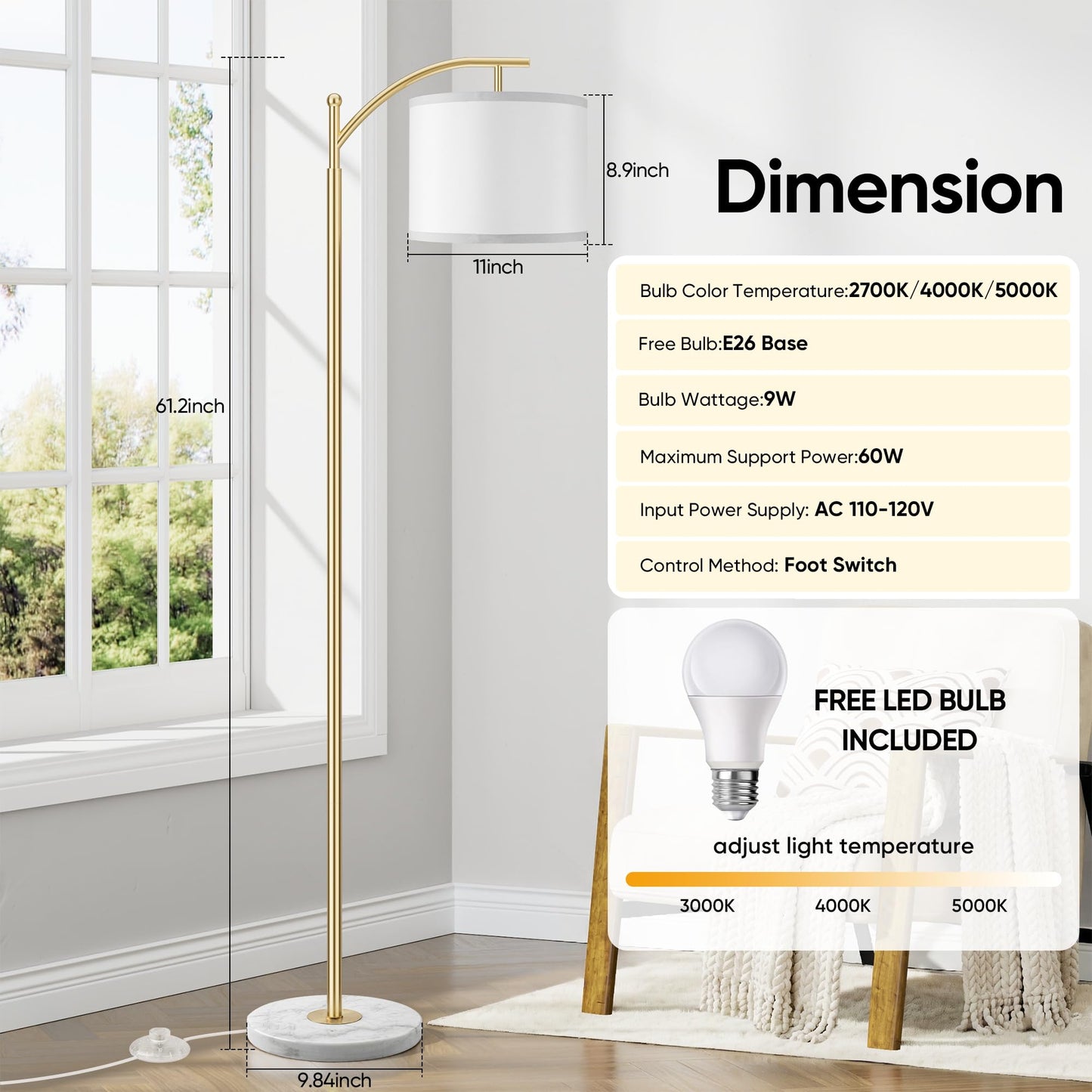 ROTTOGOON Gold Floor Lamp for Living Room with Marble Base, Modern Standing Lamp with 3 Color Temperatures Bulb & Adjustable Linen Shade, Tall Lamp for Bedroom Office Reading Nursery