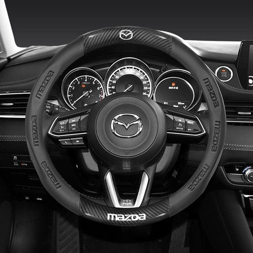 Mazda Steering Wheel Cover - Stylish Nappa Leather & Carbon Fiber Texture - Non-Slip 15-Inch Universal Fit