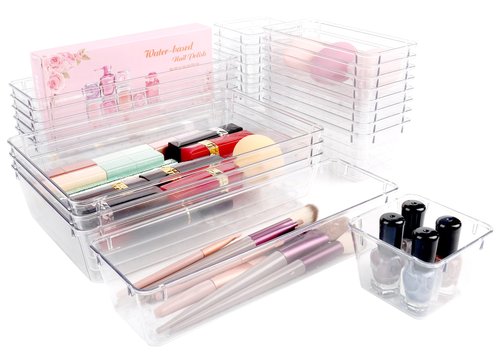 ATVAX 25 PCS Clear Plastic Drawer Organizer Set,Vanity Organizer Storage Bins Containers,4 Size Desk Drawer Organizer Tray