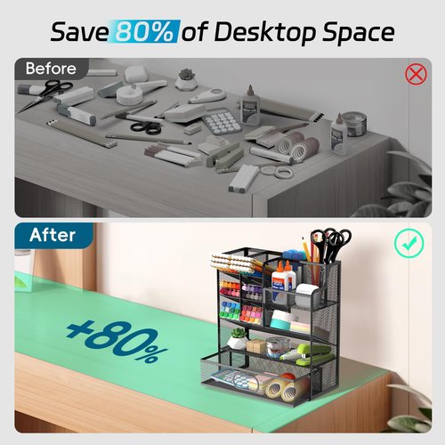 ReePlan Mesh Pen Organizer for Desk, Multi-Functional Pencil Holder with Drawer Desk Organizers, Large Capacity Storage for School Office Home Supplies