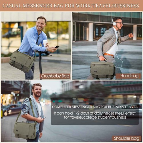 17.3 Inch Messenger Bag for Men: 2PCS Laptop Work PU Leather Canvas Briefcase Carry On Large Computer for Office College Travel (Green)