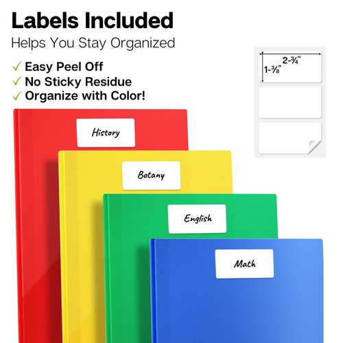 Dunwell Plastic 2 Pocket Folders with 3 Prongs, (6 Pack, Assorted Colors), 3-Clasp Folders with Fasteners, Tear-Resistant, Long Lasting Acid-Free Poly, Includes Labels