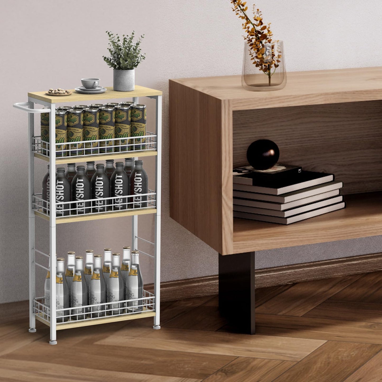 Slim Storage Cart White Narrow Storage Cabinet 4 Tier Laundry Room Organization Mobile Bathroom Shelving Unit Organizer Rolling Utility Cart Slide Out Kitchen Cart Tower Rack for Narrow Places 7.08’’W