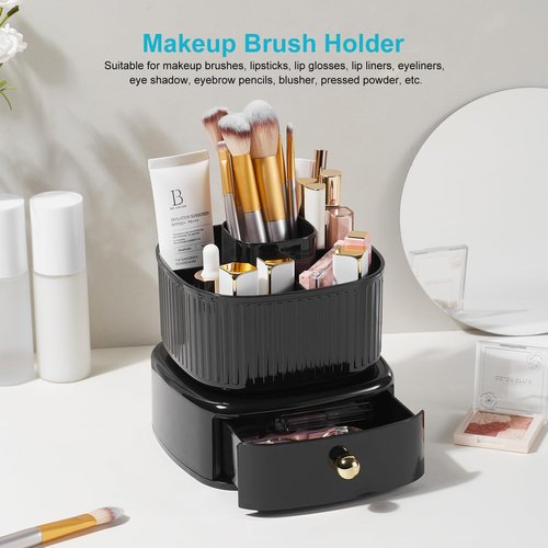 Lolocor Desk Pencil Pen Holder with Drawer, 5 Slots 360 Degree Rotating Pencil Pen Organizers Desk Organizers for Office Accessories Shool Supply Black