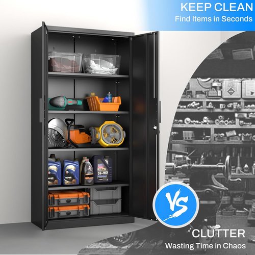 Metal Garage Storage Cabinet - 71" Tall Heavy-Duty Steel Locker with 4 Adjustable Shelves | Black, 31.5"W x 16.5"D
