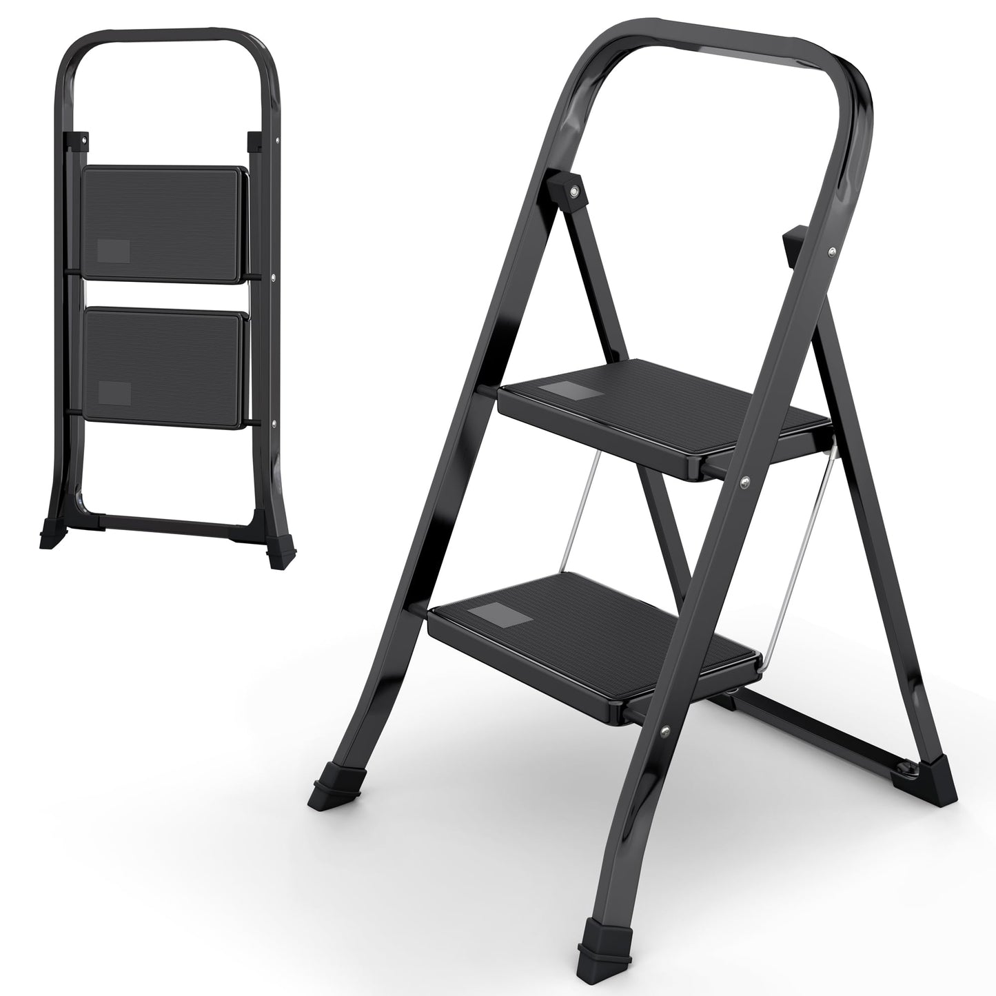 2-Step Ladder with Wide Anti-Slip Platform & Thick Rubber Feet | Heavy Duty Foldable & Portable | 330 lbs Capacity, Steel Frame, Rubber Handgrip, Folding Step Stool