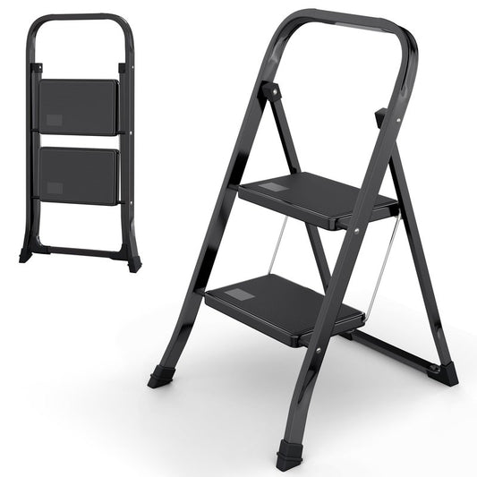 2-Step Ladder with Wide Anti-Slip Platform & Thick Rubber Feet | Heavy Duty Foldable & Portable | 330 lbs Capacity, Steel Frame, Rubber Handgrip, Folding Step Stool