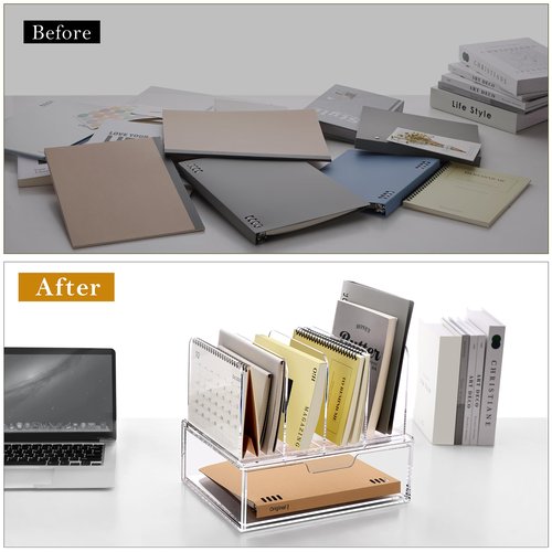 SANRUI Acrylic Desk Organizer with Sliding Drawer, Clear 4 Vertical Compartments Storage File Holders, Multi-Functional Workspace Office Supplies Accessories Organizers