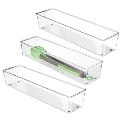 iDesign Plastic Drawer Organizer Bins - Storage for Kitchen, Bathroom, and Desk Drawers - Set of 3 - Clear