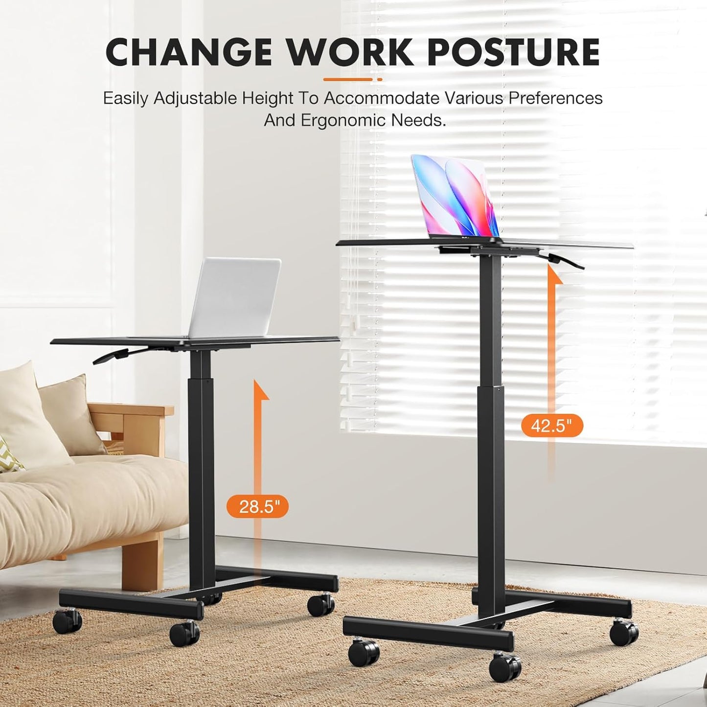 Sweetcrispy Mobile Small Standing Desk - Adjustable Height Portable Laptop Desk with Lockable Wheels | Modern Black