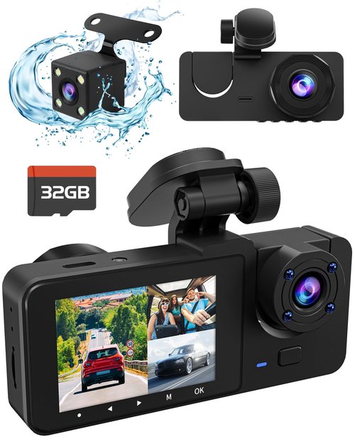 3 Channel Dash Cam,4K+1080P Dash Cam Front and Rear Inside, Dash Camera for Cars, Triple Car Camera with 32GB Card,Built-in G-Sensor, 2’’ IPS Display Car Camera,Loop Recording,24Hr Parking
