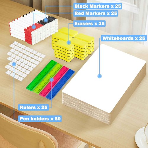 Succwoah 25 Pack Dry Erase Boards 9'' x 12'' Mini Double-Sided Whiteboards Safe Rounded Edges, Includes 25 Erasers, Markers, Rulers & 50 Clips, Perfect for Students, Teachers, School & Office Use