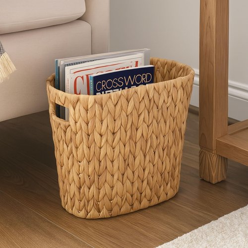 2 Pack Handwoven Water Hyacinth Trash Can - Natural Wicker Waste Basket with Wooden Handles, Slim Oval Design for Bathroom, Bedroom, Office (13"x7.5"x12") | Eco-Friendly & Space-Saving Storage Bin (2)