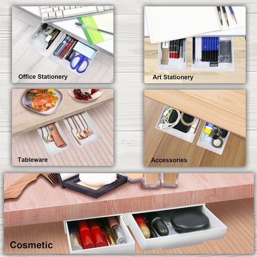 YOOUSOO 2 Pack Under Desk Drawer Organizer, Slide Out Pencil Holder, Desk Drawer Attachment, Plastic Desk Accessories & Workspace Organizers, Hidden Desktop Organizer Self-Adhesive