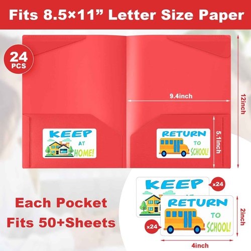 Henoyso 24 Set Parent Teacher Communication Folder with Clear Front Pocket Take Home Heavy Duty 2 Pocket Homework Folder for Student with School and Home Stickers, 12 x 9.45 Inch(Red)